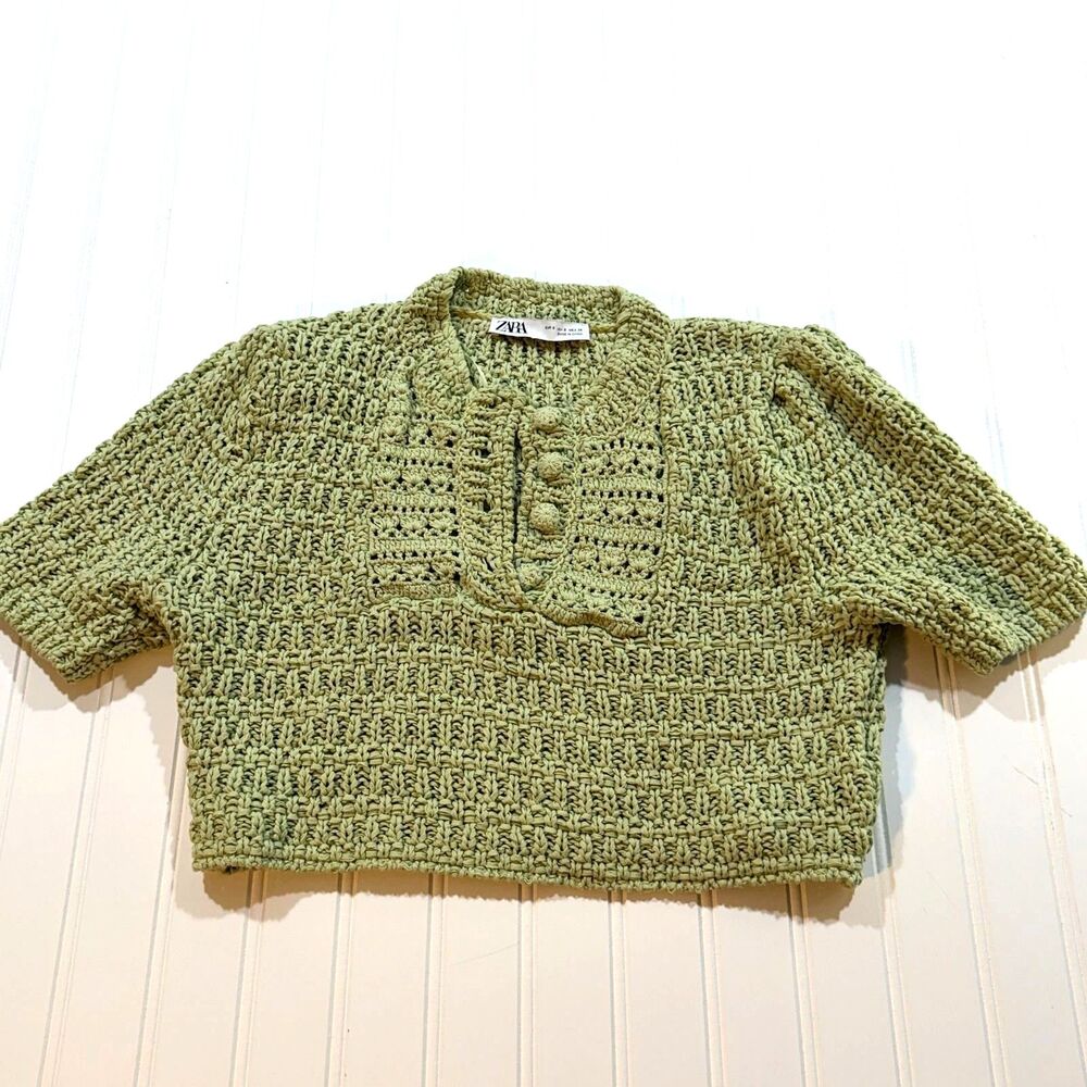 Zara Cropped Crochet Knit Sweater Top Puff Sleeve Open Knit Green Cardigan S